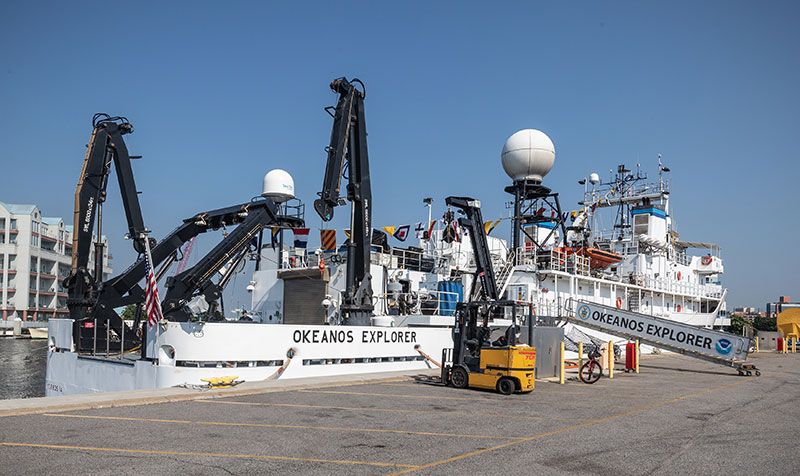 NOAA Ship Okeanos Explorer dressed for the fourth of July at the pier in Norfolk, Virginia.