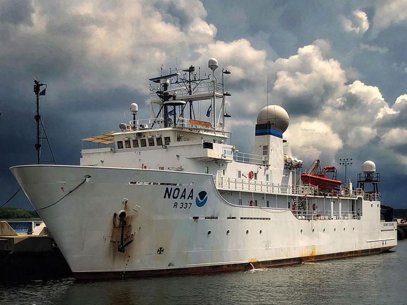NOAA Ship Okeanos Explorer at dock in Charleston, SC preparing to get underway for the Windows to the Deep 2018 expedition. Image courtesy of Art Howard, GFOE, Windows to the Deep 2018.