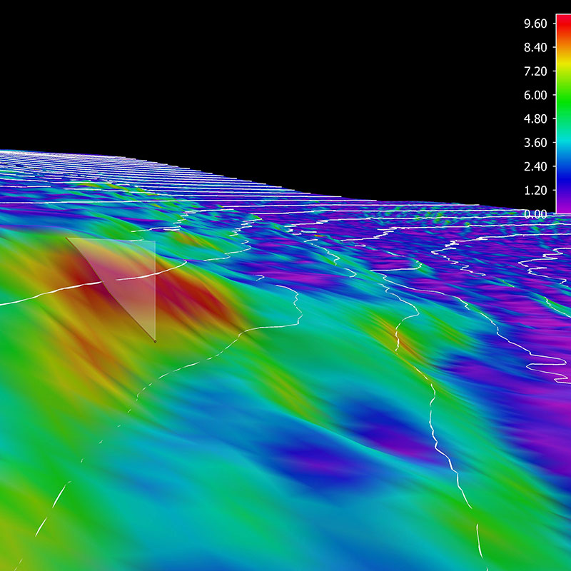 3D view of the planned ROV track for Dive 02 shown as orange line. The background represents the seafloor depth color-coded with slope in degrees. The warmer the color, the steeper the slope. The red area shown is approximately nine degrees slope.