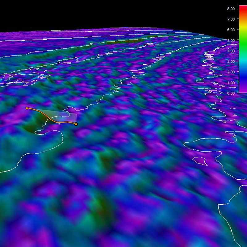 3D view of the planned ROV track for Dive 03 shown as an orange line. The background represents the seafloor depth color-coded with slope in degrees. The warmer the color, the steeper the slope.