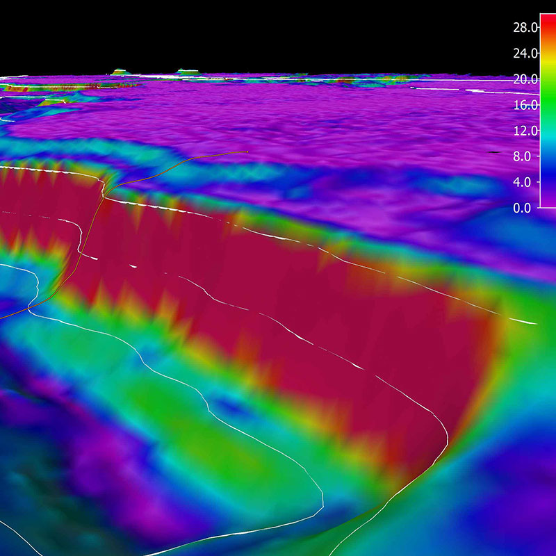 3D view of the planned ROV track for Dive 08 shown as an orange line. The background represents the seafloor depth color-coded with slope in degrees. The warmer the color, the steeper the slope. 