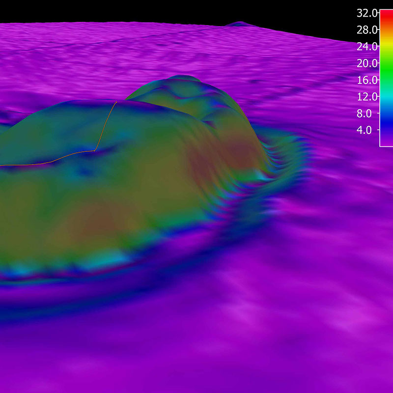 3D view of the planned ROV track for Dive 10 shown as an orange line. The background represents the seafloor depth color-coded with slope in degrees. The warmer the color, the steeper the slope. 