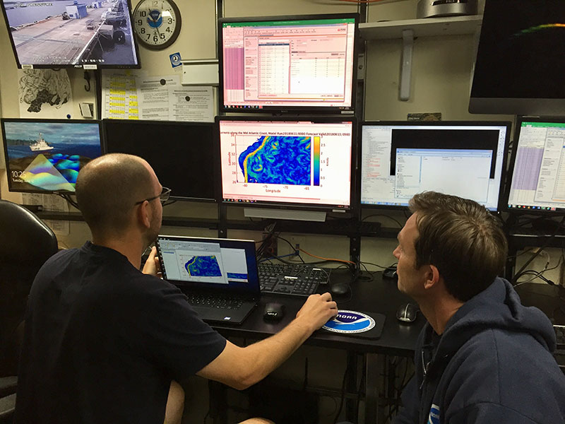 Expedition mapping team, Kevin Jerram and Derek Sowers, evaluate the Gulf Stream to start digging into how the most recent predictions will impact upcoming operations.