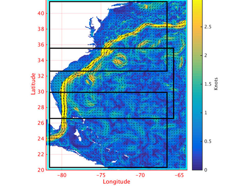 The higher currents of the Gulf Stream along the U.S. east coast are denoted in yellow in this plot. The remotely operated vehicle site selection has to take into account and avoid these high current areas as it needs relatively calm seas for deployment and recovery. Image courtsey of NOAA (https://www.opc.ncep.noaa.gov/newNCOM/NCOM_GulfStream_currents.shtml).