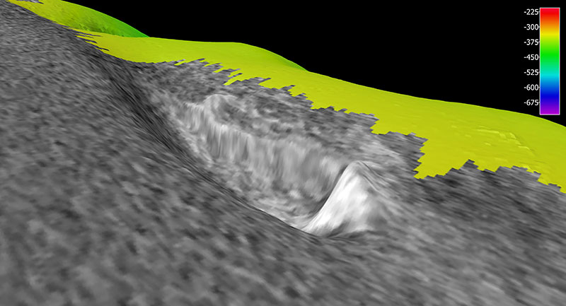 A 3D view of the scour mark caused by a hard object on the seafloor as mapped by NOAA Ship Okeanos Explorer. The image shows the sonar reflection intensity (backscatter) shown in black and white as draped over the topography of the seafloor. White indicates a strong reflection and hard substrate. The depth of this feature is 330 meters. Though thought to possibly be a shipwreck, the bright mound ended up being a rocky reef habitat.