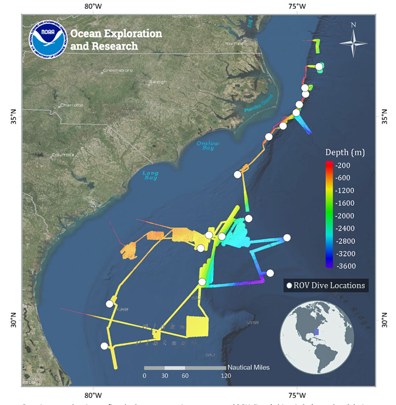 Overview map showing seafloor bathymetry mapping coverage and ROV dives (white circles) completed during both parts of the Windows to the Deep 2018 expedition. Map created by the NOAA Office of Ocean Exploration and Research. Service layer credits: Esri, DigitalGlobe, GeoEye, Earthstar Geographics, CNES/Airbus DS, USGS, AEX, Getmapping, Aerogrid, IGN, IGP, swisstopo, and the GIS User Community.