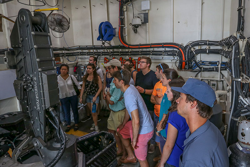 Staff from Virginia Sea Grant, members of NOAA Atlantic Hydrographic Branch, and students tour NOAA Ship Okeanos Explorer at the conclusion of the expedition in Norfolk, Virginia. Image courtesy of Virginia Sea Grant, Lisa Sadler.