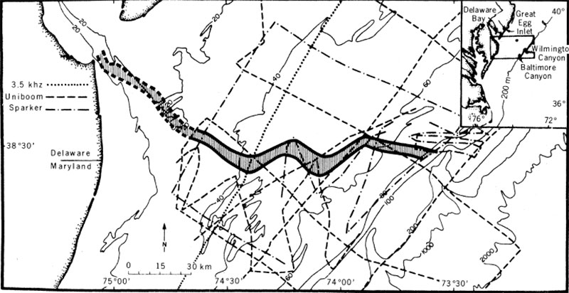 The mapped trace of the ancient Delaware River cutting across the shelf and connecting with Wilmington and Baltimore Canyons. This river channel was active during the Last Glacial Maximum, approximately 20,000 years before present. Rivers contributed to the formation and expansion of particularly large shelf-indenting submarine canyons. Figure from Twichell et al., 1977. 