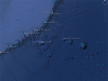 Plan (overhead) view of submarine canyons and seamounts that seafloor mapping and remotely operated vehicle dives will be conducted on as part of the Deep Connections 2018 expedition.