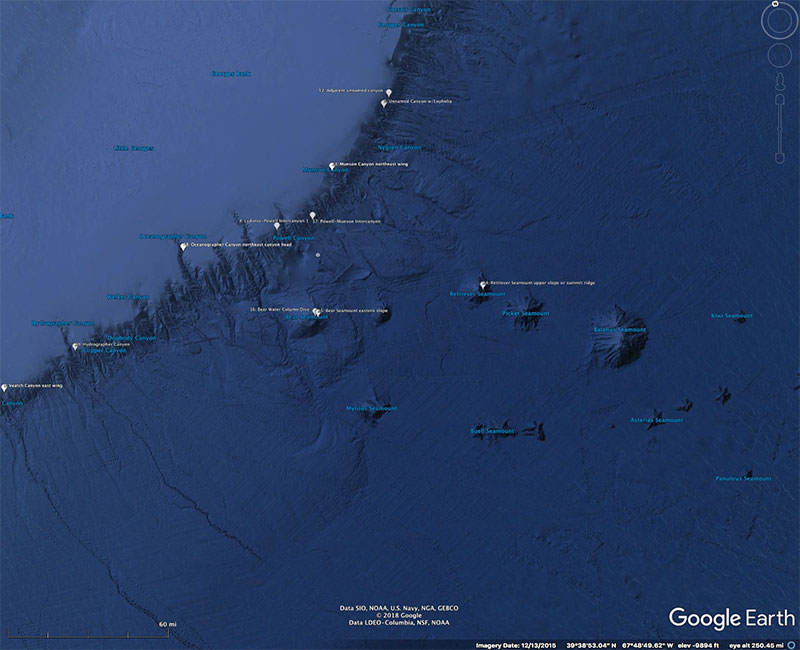 Plan (overhead) view of submarine canyons and seamounts that seafloor mapping and ROV dives will be conducted on as part of EX1808. Figure generated from Google Earth. The location of submarine canyons and seamounts in such close proximity provides an excellent opportunity to study them side-by-side. 
