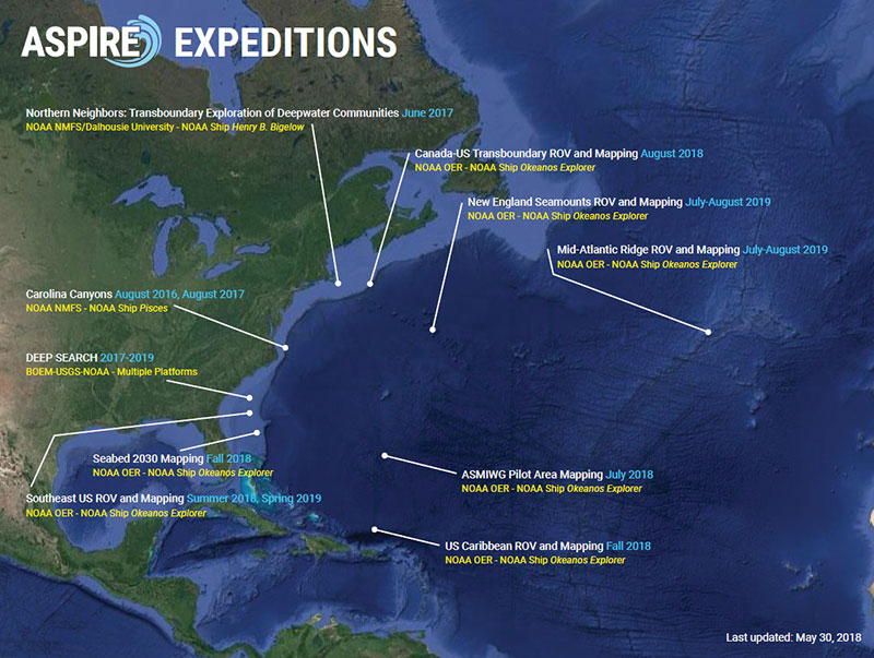 This is the third Okeanos Explorer expedition in 2018 that will contribute to NOAA’s Atlantic Seafloor Partnership for Integrated Research and Exploration (ASPIRE) campaign, a major multi-year, multi-national ocean exploration field program focused on raising collective knowledge and understanding of the North Atlantic Ocean. This maps shows currently identified ASPIRE expeditions (2016-2019). The campaign will provide data to inform and support research planning and management decisions in the region.