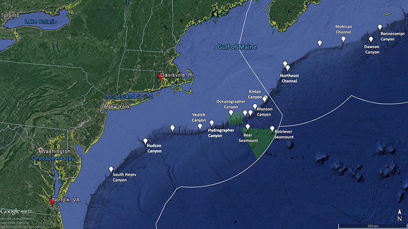 Overview map showing the planned ROV dive sites for the expedition (white dots). The cruise will start August 10th from Norfolk, VA and end September 2, 2018 in Davisville, RI. Dives are planned from South Heyes Canyon offshore of Maryland, up to the Bonnecamps Canyon area offshore of Nova Scotia. The white lines are the boundaries of the U.S. and Canadian exclusive economic zone, and the green polygons are the Northeast Canyons and Seamounts Marine National Monument.