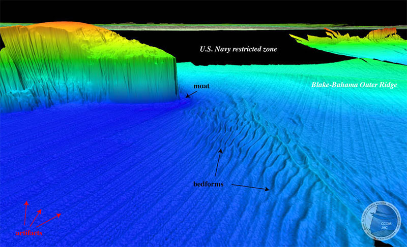 Perspective view of the bathymetry of Blake Spur. Blake-Bahama Outer Ridge (BBOR) in upper right background. Bedforms occur on a plateau built to the southwest of BBOR. Image courtesy of Center for Coastal and Ocean Mapping, Joint Hydrographic Center.