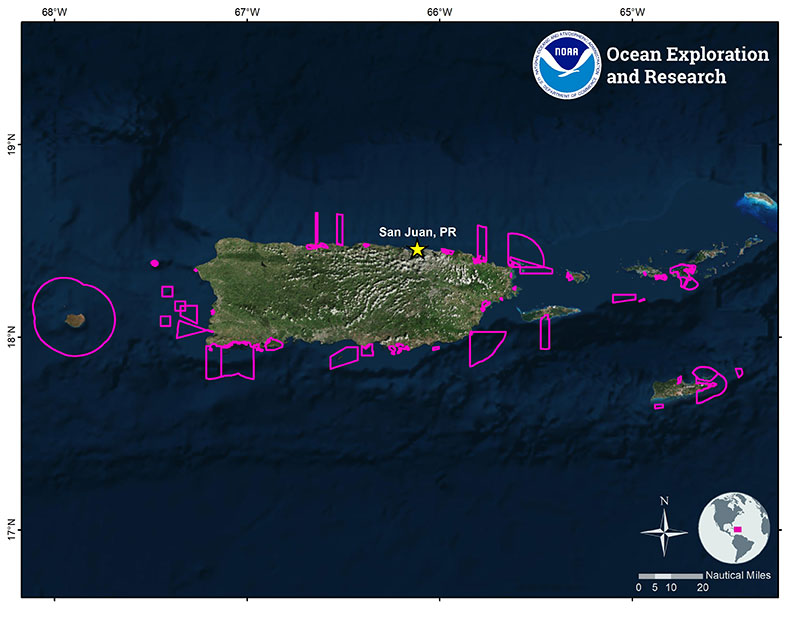 Map showing the location of MPAs around Puerto Rico and the U.S. Virgin Islands. Image courtesy of NOAA Office of Exploration and Research.