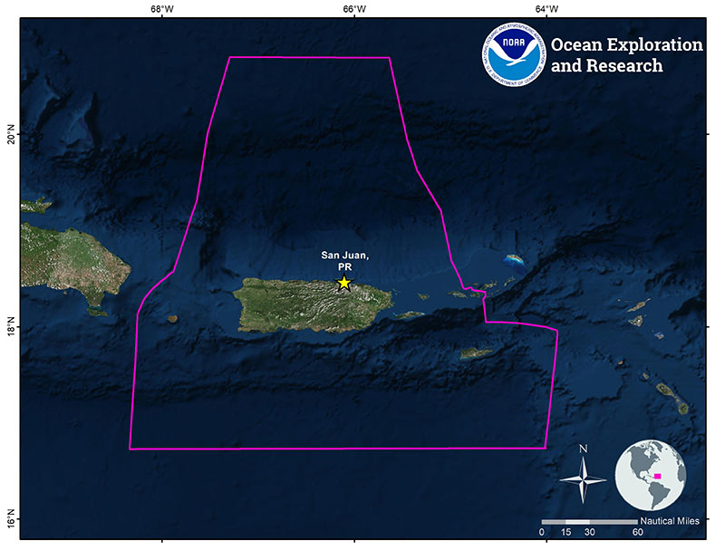 Mapa que muestra el área de operación de la expedición a bordo de la embarcación NOAA Okeanos Explorer a Puerto Rico y las Islas Vírgenes de los Estados Unidos. Esta expedición comenzará y terminará en San Juan, Puerto Rico, y llevará a cabo operaciones de mapeo y operación remota de vehículos (ROV) para apoyar las prioridades científicas y de manejo de la Región del Caribe. Mapa cortesía de la Oficina de Exploración e Investigación Oceánica de NOAA.