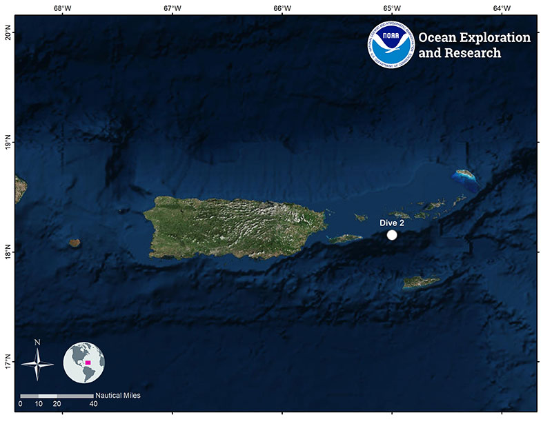 Mapa que muestra la ubicación de la segunda inmersión de ROV localizada al este de la Isla de Vieques.