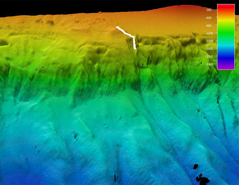 Mapa que muestra el recorrido del ROV por el fondo marino durante el buceo 2 de la expedición Océano Profundo 2018. La escala muestra la profundidad en metros.