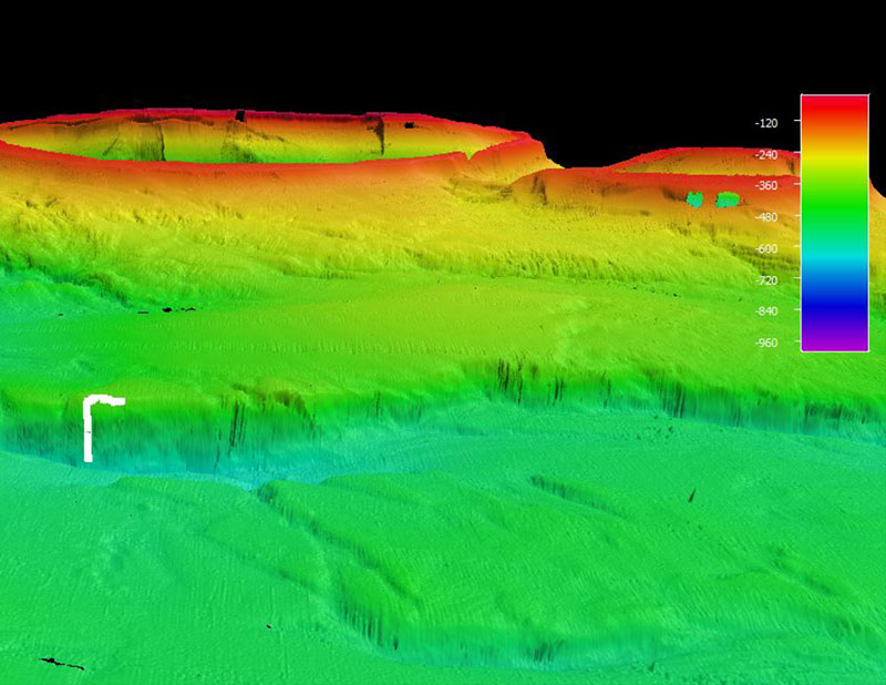 Mapa que muestra el recorrido del ROV por el fondo marino durante el buceo 13 de la expedición Océano Profundo 2018. La escala muestra la profundidad en metros.