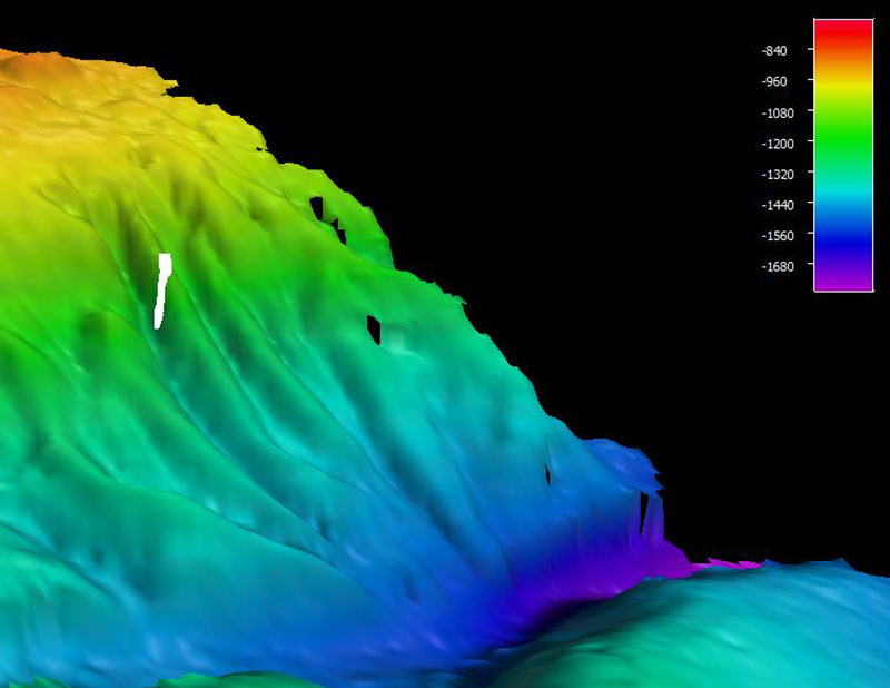 Mapa que muestra el recorrido del ROV por el fondo marino durante el buceo 17 de la expedición Océano Profundo 2018. La escala muestra la profundidad en metros.