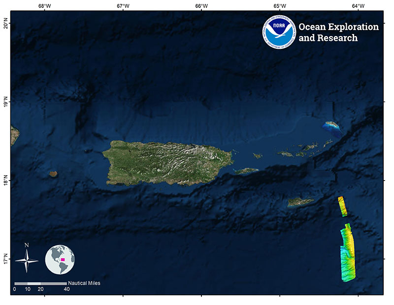 Mapa que muestra la ubicación de las operaciones de mapeo con sonar realizadas el 3 de Noviembre de 2018. El mal clima no nos permitió realizar operaciones de ROV en este día y por lo tanto el equipo de mapeo aprovechó para trabajar al sur del Valle de Saba, área que no había sido mapeada previamente.