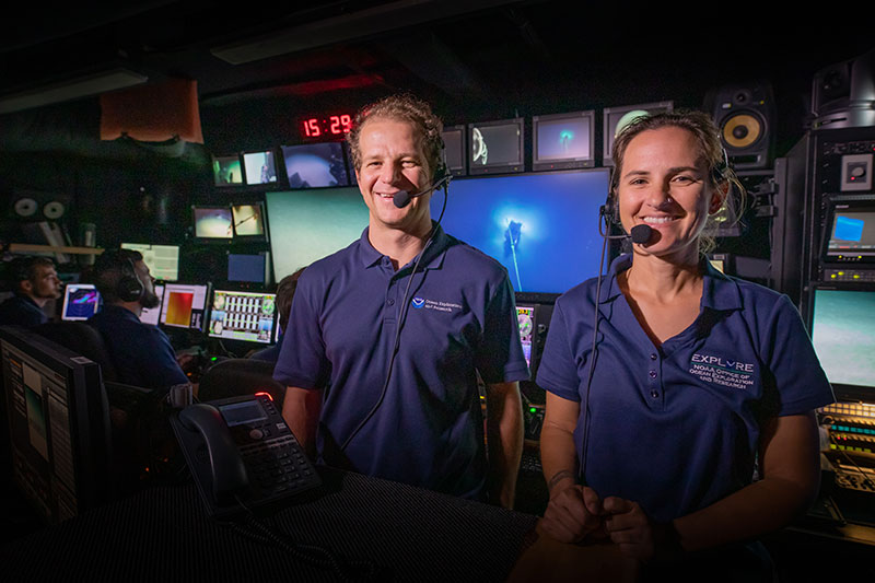 Daniel Wagner and Stacey Williams in the control room during a live interaction with the EcoExploratorio Science Museum in Puerto Rico.