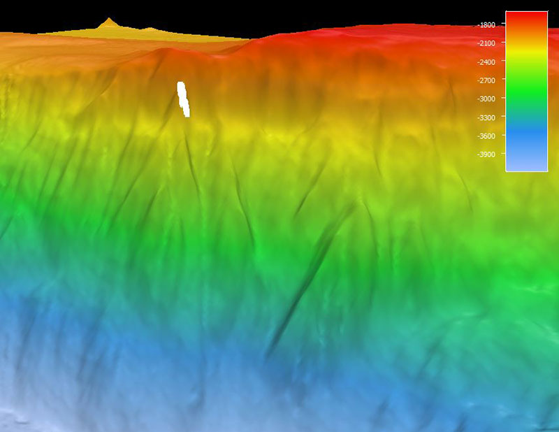 Mapa que muestra el recorrido del ROV por el fondo marino durante el buceo 5 de la expedición Océano Profundo 2018. La escala muestra la profundidad en metros.