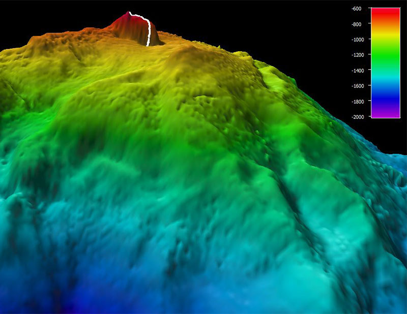 Mapa que muestra el recorrido del ROV por el fondo marino durante el buceo 6 de la expedición Océano Profundo 2018. La escala muestra la profundidad en metros.