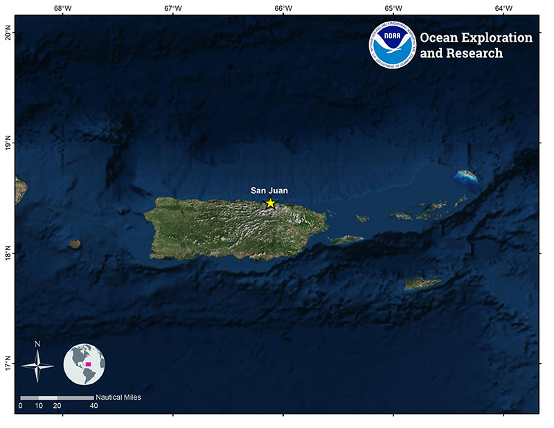 Map showing the in port location in San Juan, Puerto Rico, where NOAA Ship Okeanos Explorer was docked prior to the start of the Océano Profundo 2018 expedition.