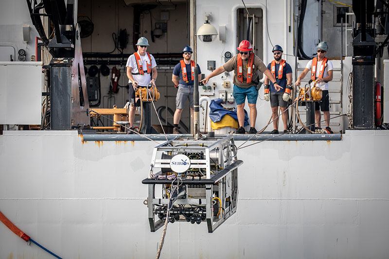 The team launches ROV Seirios during in-port testing. Image courtesy of Art Howard, GFOE, Exploring Deep-sea Habitats off Puerto Rico and the U.S. Virgin Islands.