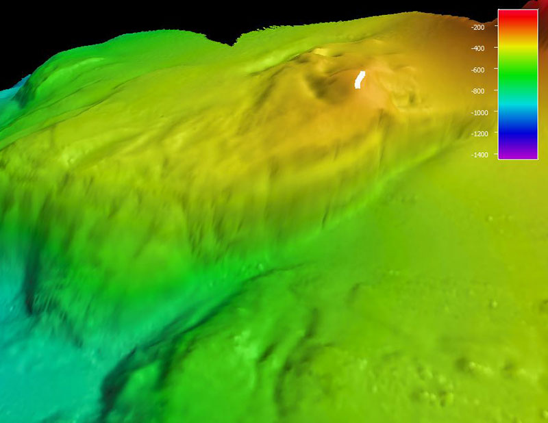 Mapa que muestra el recorrido del ROV por el fondo marino durante el buceo 1 de la expedición Océano Profundo 2018. La escala muestra la profundidad en metros.