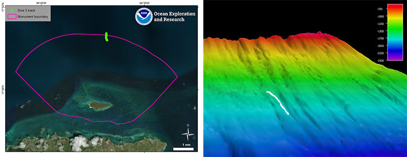 Maps showing the track of dive 3 of the Océano Profundo 2018 expedition, which explored the deepest portion of the Buck Island Reef National Monument.