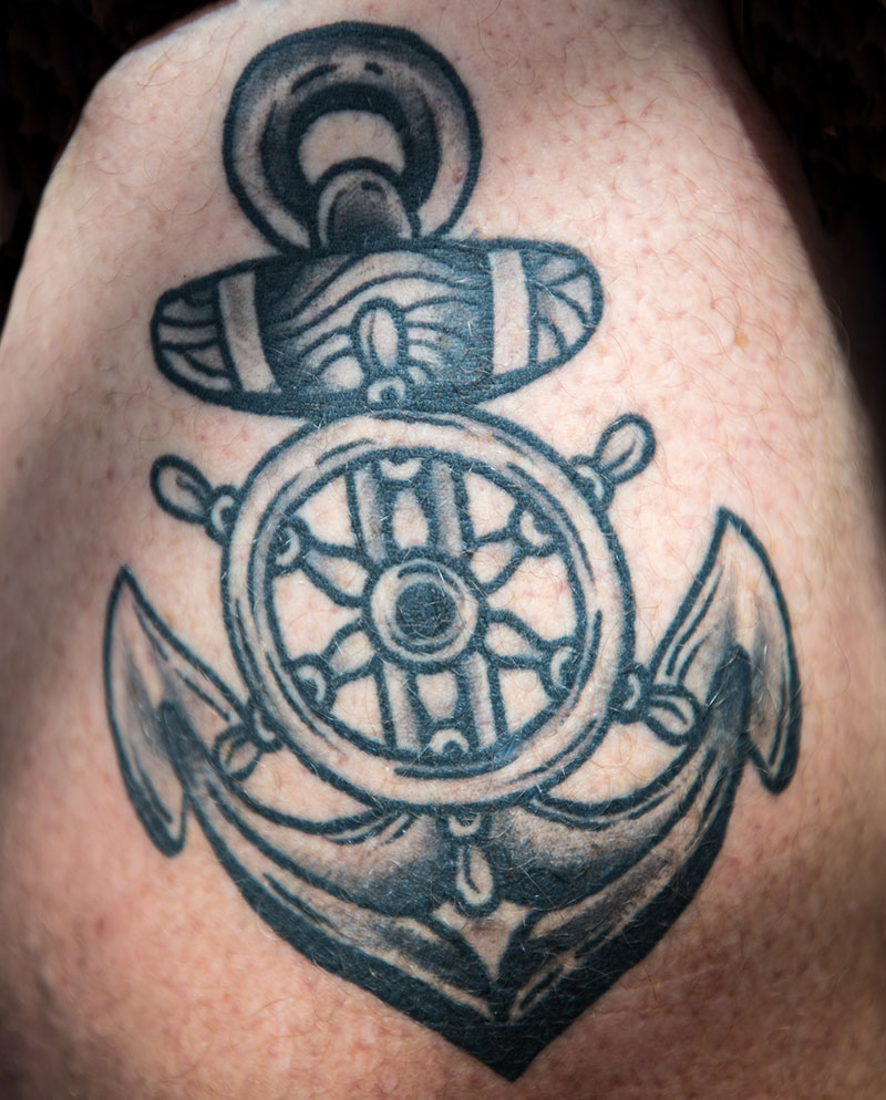 An anchor tattoo historically indicated sailing across the Atlantic, but these days refers to a sailor who has achieved the rank of a chief or leader. Mike got his anchor tattooed a year ago in Tennessee, and to him it signifies the long  time he has spent at sea in the Navy, commercially and now for NOAA.