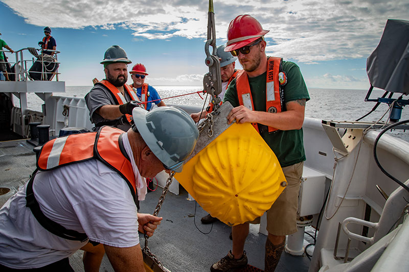Deployment of USBL calibration equipment. Image courtesy of Art Howard, GFOE, Exploring Deep-sea Habitats off Puerto Rico and the U.S. Virgin Islands.