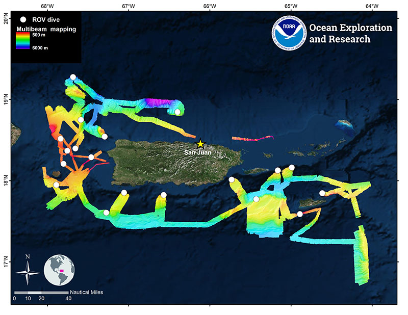 Overview map showing the locations of ROV and mapping operations completed during the Océano Profundo 2018 expedition.