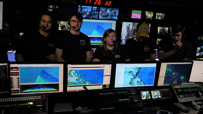 Nick, Sean, Allison, Josh, and Grady in the Okeanos Explorer control room for a live interaction with the University of Rhode Island Inner Space Center.