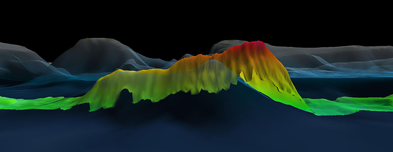 This 2,600 meter (8,350 foot) seamount was mapped during a strategically planned transit from Puerto Rico to the Bahamas and discovered to be nearly 800 meters (2,625 feet) shallower than predicted by the satellite bathymetry. The bathymetry collected during the expedition (in rainbow) overlays the Global Multi-Resolution Topography grid.