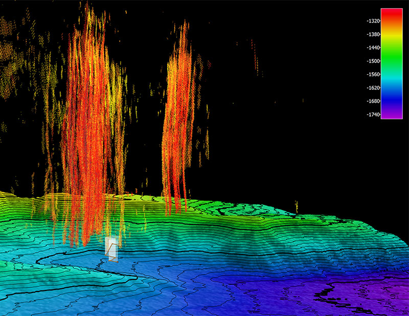 The remotely operated vehicle track for Dive 19, shown as an orange line with a white curtain. Scale is water depth in meters. The bright colors emanating up from the seafloor are the reflections from the bubbles in the water column being released from the seep sources.