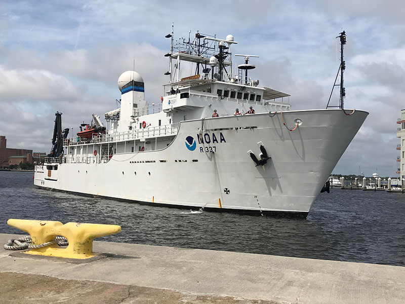 NOAA Ship Okeanos Explorer arriving into Norfolk, Virginia on July 12, 2019 after completing its 100th ocean exploration mission.