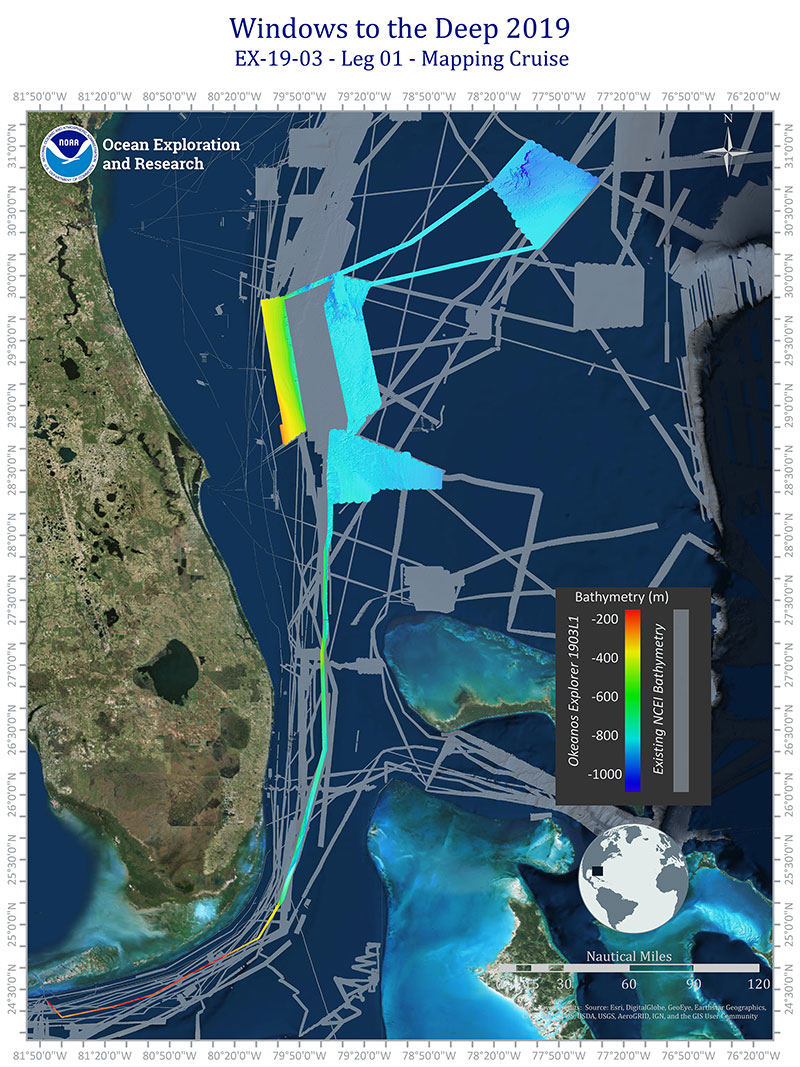 Figure of the areas mapped during the Windows to the Deep 2019 leg one expedition off the southeastern United States. The rainbow colored areas are the new areas mapped during leg one of the expedition and the grey areas represent existing seafloor mapping data from the NOAA National Centers for Environmental Information (NCEI). Image courtesy of Kitrea Takata-Glushkoff, an OER Explorer-In-Training on leg one.