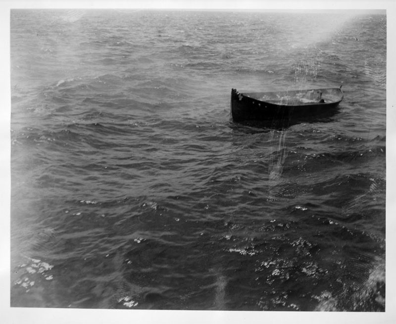 An archived image of an empty lifeboat from the sinking of the Bloody Marsh in 1943.