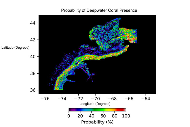Predictive model of deepwater coral presence in U.S.-Canada Atlantic waters, producing using Naval Research Lab Global Predictive Seafloor Model (GPSM). Hot colors are likely suitable habitats for deepwater corals, while cold colors are unsuitable for corals. Habitat maps like this one help with selecting ROV dive sites for Okeanos Explorer expeditions. 