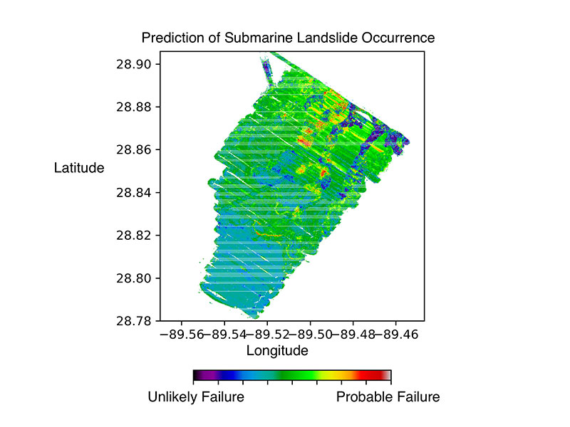 Predictive model of submarine landslides on the Mississippi River Delta Front, Gulf of Mexico, generated using Naval Research Lab Global Predictive Seafloor Model (GPSM). Submarine landslides are concentrated in mudflow gullies, depressions within the seafloor that resemble mud conveyor belts.