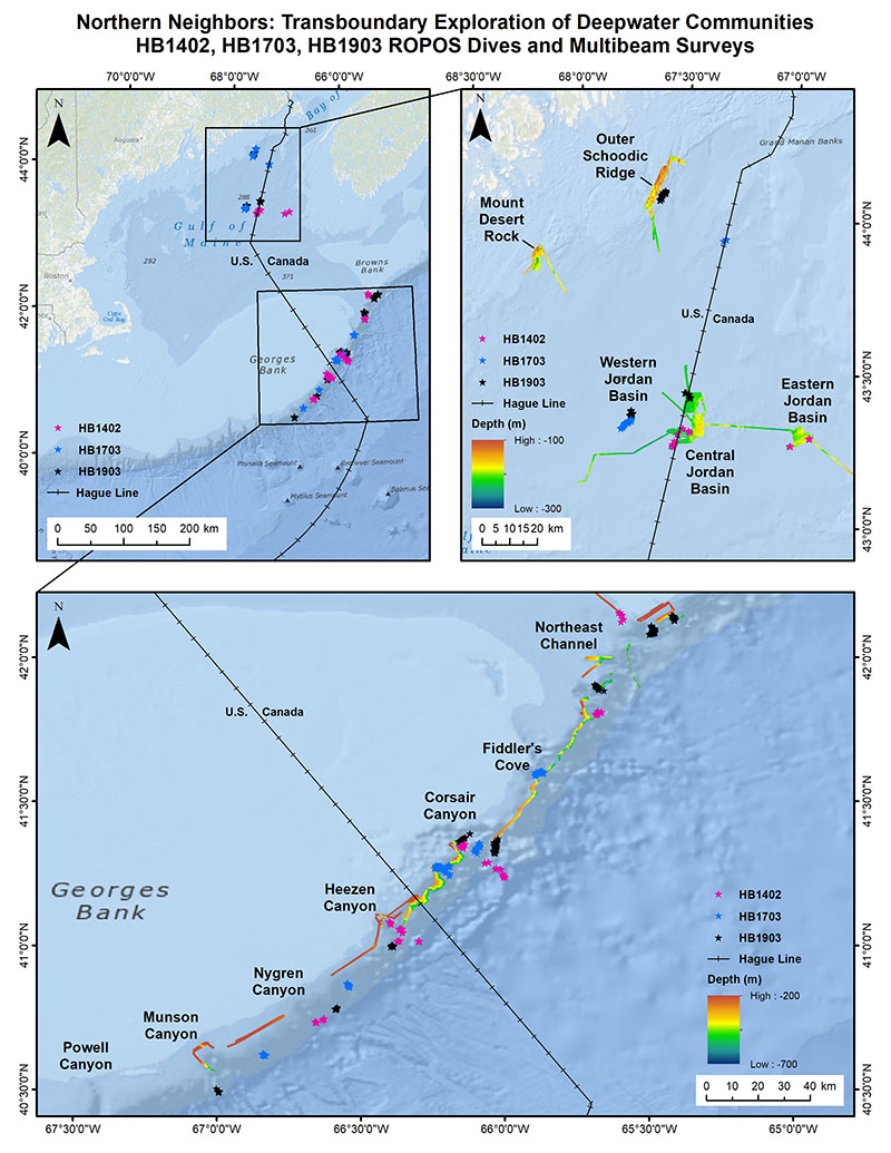 This map shows the cruise track from last year’s transboundary cruise entitled ‘Northern Neighbors.’ Deep Connections 2018 will build on our earlier findings obtained during the 2014 and 2017 expeditions by filling in data gaps through expansion of the areas surveyed and by exploring poorly-known canyons on both sides of the U.S.-Canada border.