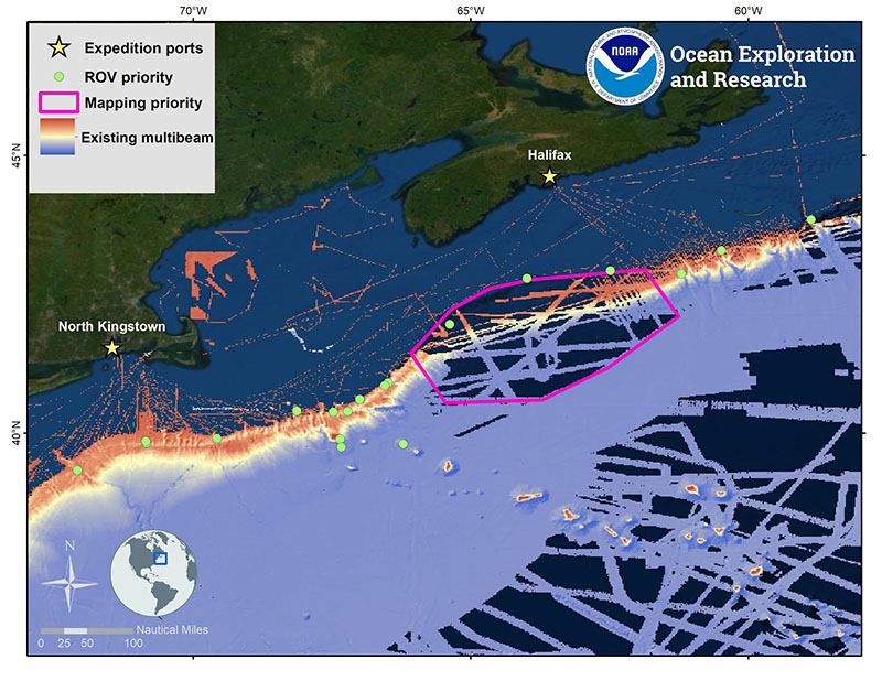 Map showing the priority areas for remotely operated vehicle (ROV) and mapping operations to be conducted during the second leg of the Deep Connections 2019 expedition, overlaid onto existing mapping data in the region. This expedition will explore poorly understood deepwater areas of the U.S. and Canadian Atlantic Continental Margin to address science and management priorities of the region.