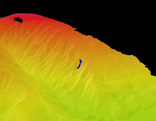 Map showing the dive track of Dive 11 of the Deep Connections 2019 expedition. Scale is water depth in meters.