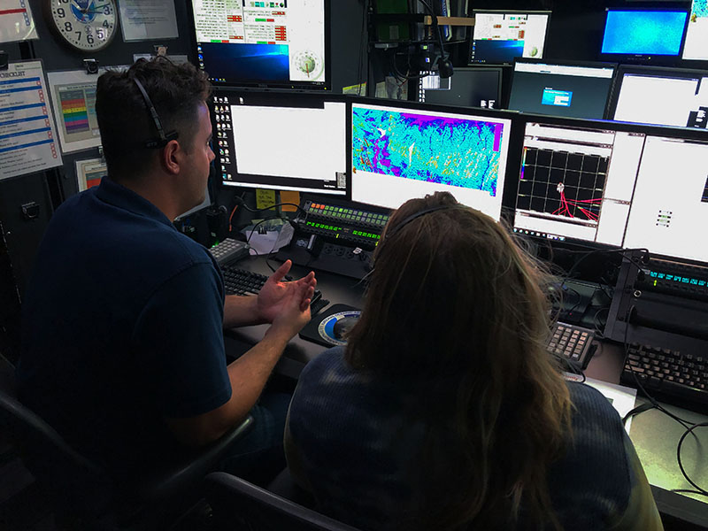 Rough seas meant that the ROVs could not be safely deployed on September 13, 2019. As a result, the team conducted all day mapping operations in a previously unmapped area north of the intended dive site. Image courtesy of NOAA Ocean Exploration, Deep Connections 2019.