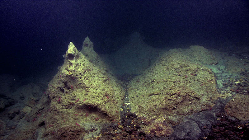 Pyramid-like structures on the seafloor of Oceanographer Canyon seen during dive 7 of Deep Connections 2019 expedition.