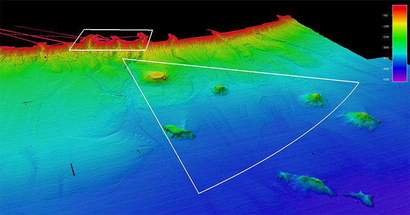 Map of the Northeast Canyons and Seamounts Marine National Monument. The rectangular shape to the left is the canyons unit, while the triangular shape below is the seamounts unit, where dive 8 of the Deep Connections 2019 expedition occurred.