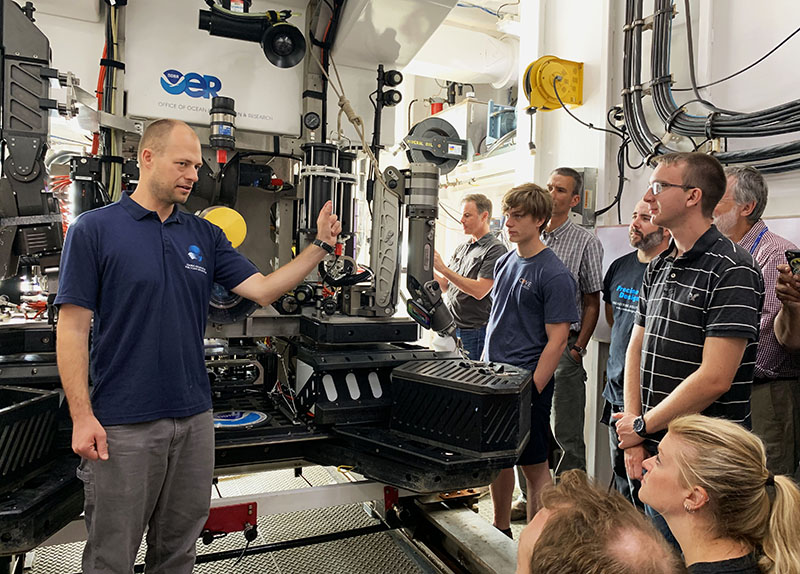 Engineer Dan Rogers, from the Global Foundation for Ocean Exploration, gives visitors a close-up look at ROV Deep Discoverer. Visitors were able to learn about the technological features of this submersible vehicle during the ship tours held on August 23, 2019 in Dartmouth, Nova Scotia.