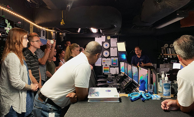 Expedition Coordinator Daniel Wagner explains how science operations are run from the mission control room during the August 23, 2019 ship tours in Dartmouth, Nova Scotia.